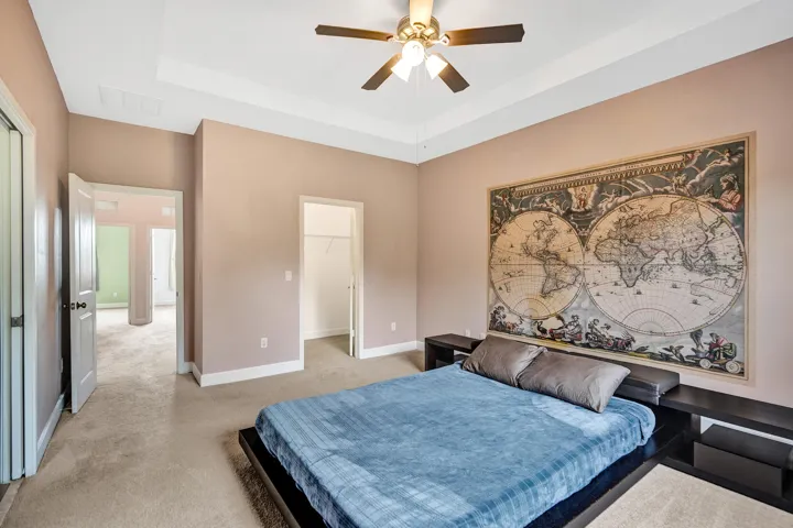Tray ceiling with a ceiling fan, carpeted flooring, and neutral wall tones