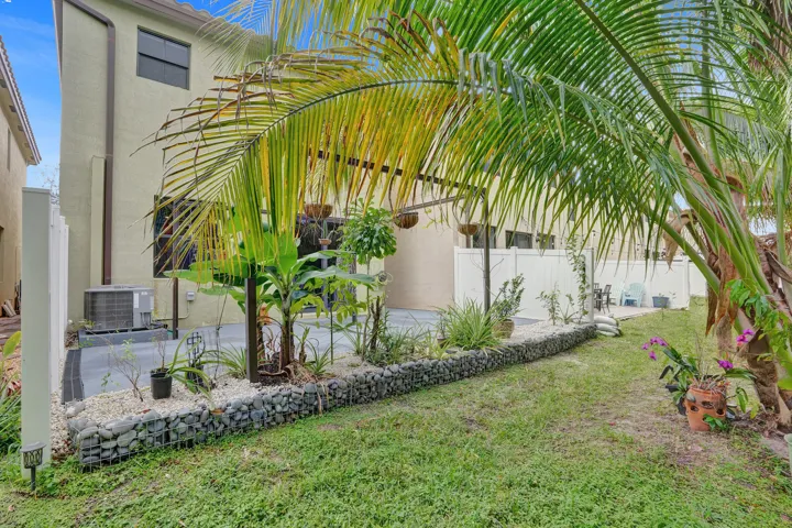 Private outdoor area featuring established palm trees and a gabion rock planter