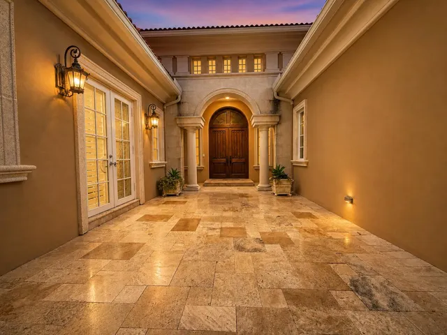 Stone tile courtyard with an arched entryway, double wood doors, and decorative wall sconces
