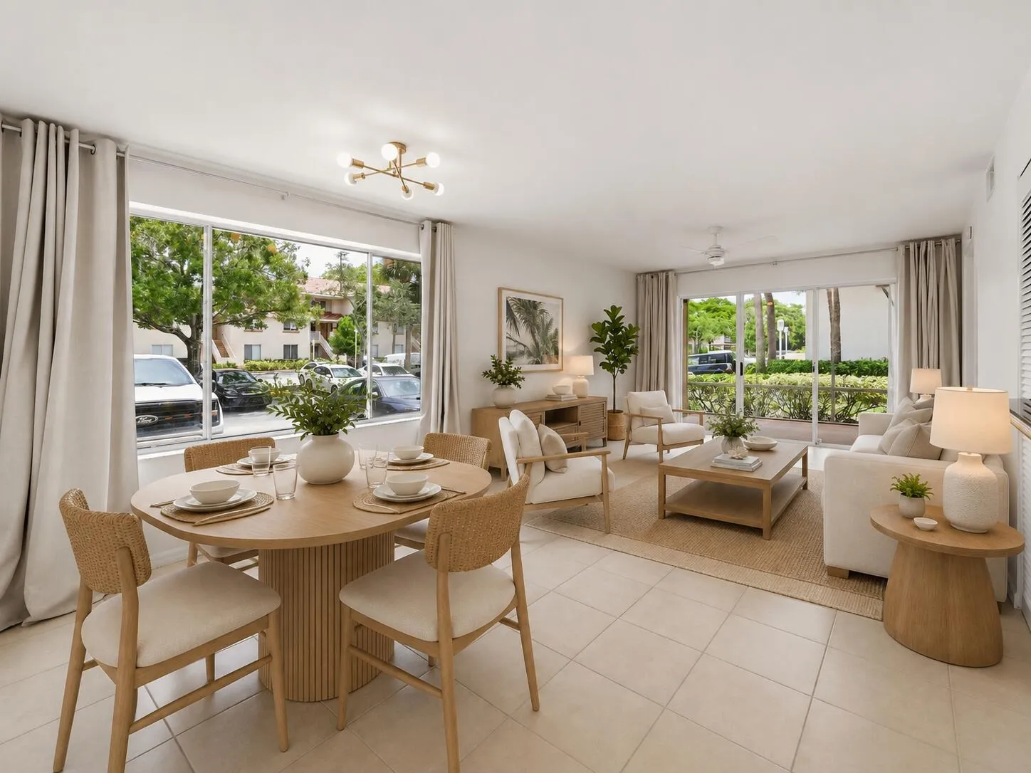 Bright open-concept living and dining room with large windows, natural light, tile flooring, neutral coastal furnishings, and sliding glass doors opening to a ground-floor patio.
