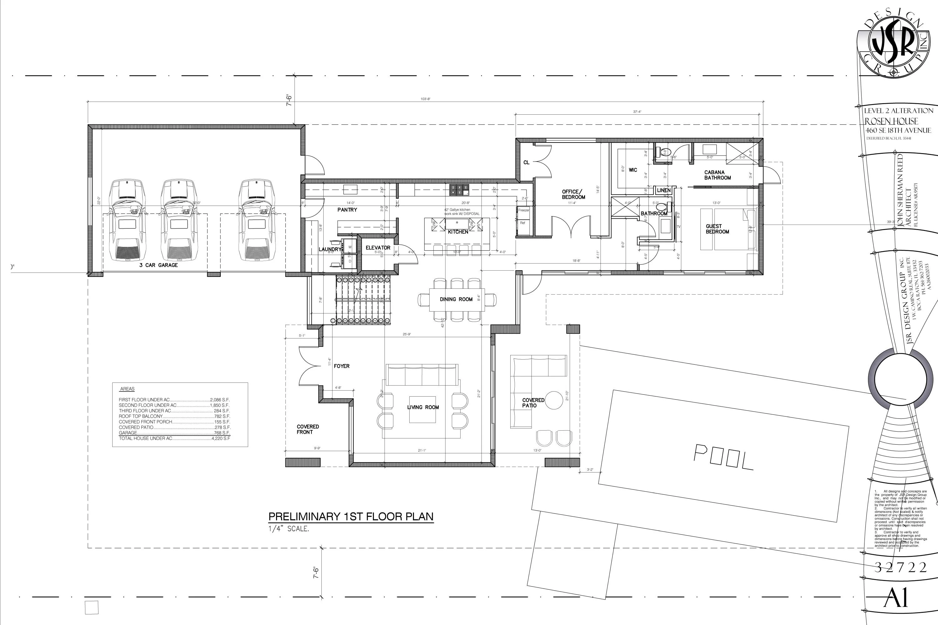 Plans convey: first level with open kitchen, living and dining, guest suite, office or 5th bedroom, cabana bath, elevator, and 3-car garage.