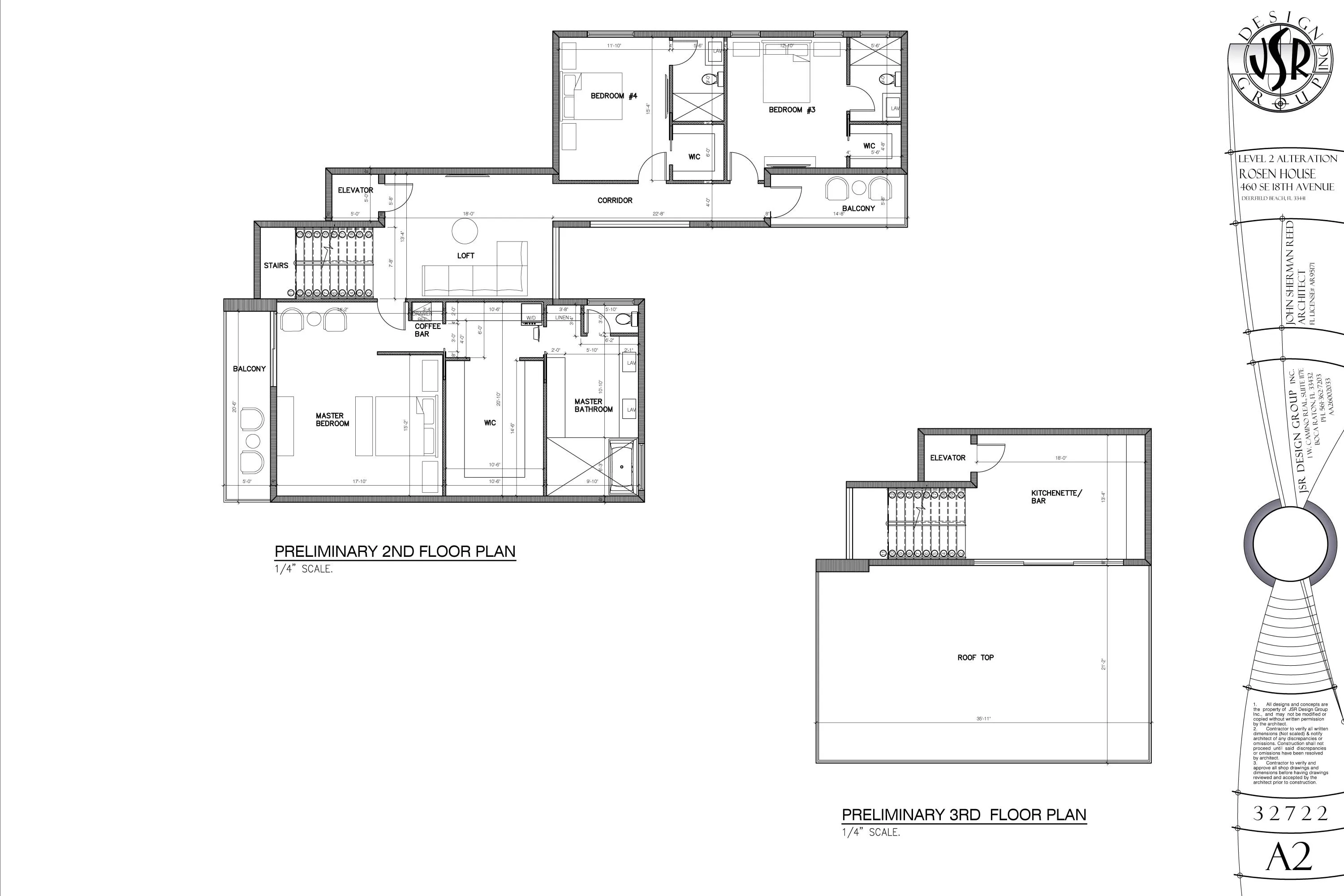 Primary suite with private balcony and coffee bar, two guest bedrooms, loft, plus rooftop level with kitchenette bar and 782 SF terrace.