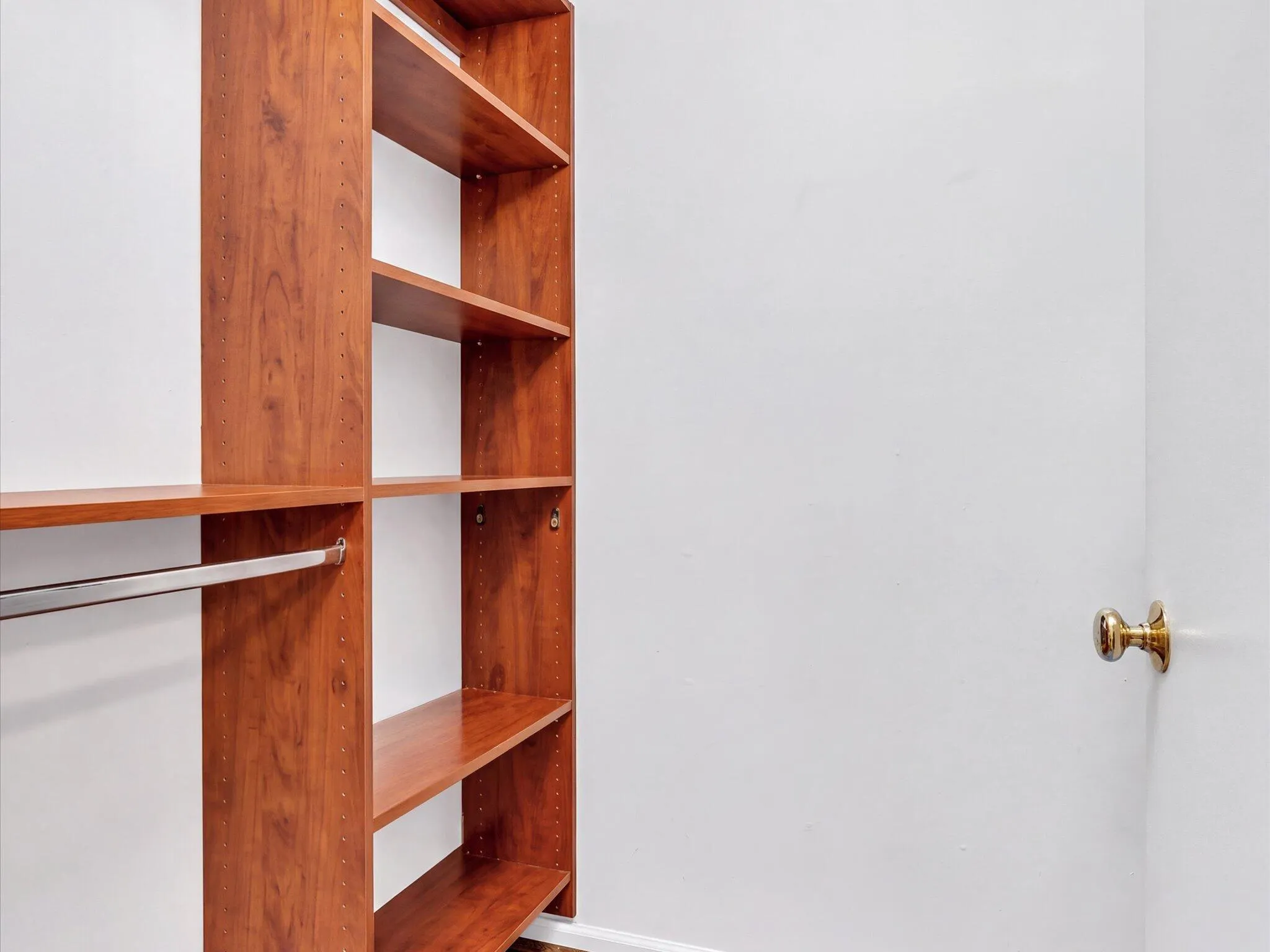 Built-in shelving with wood-finish construction and integrated hanging rod