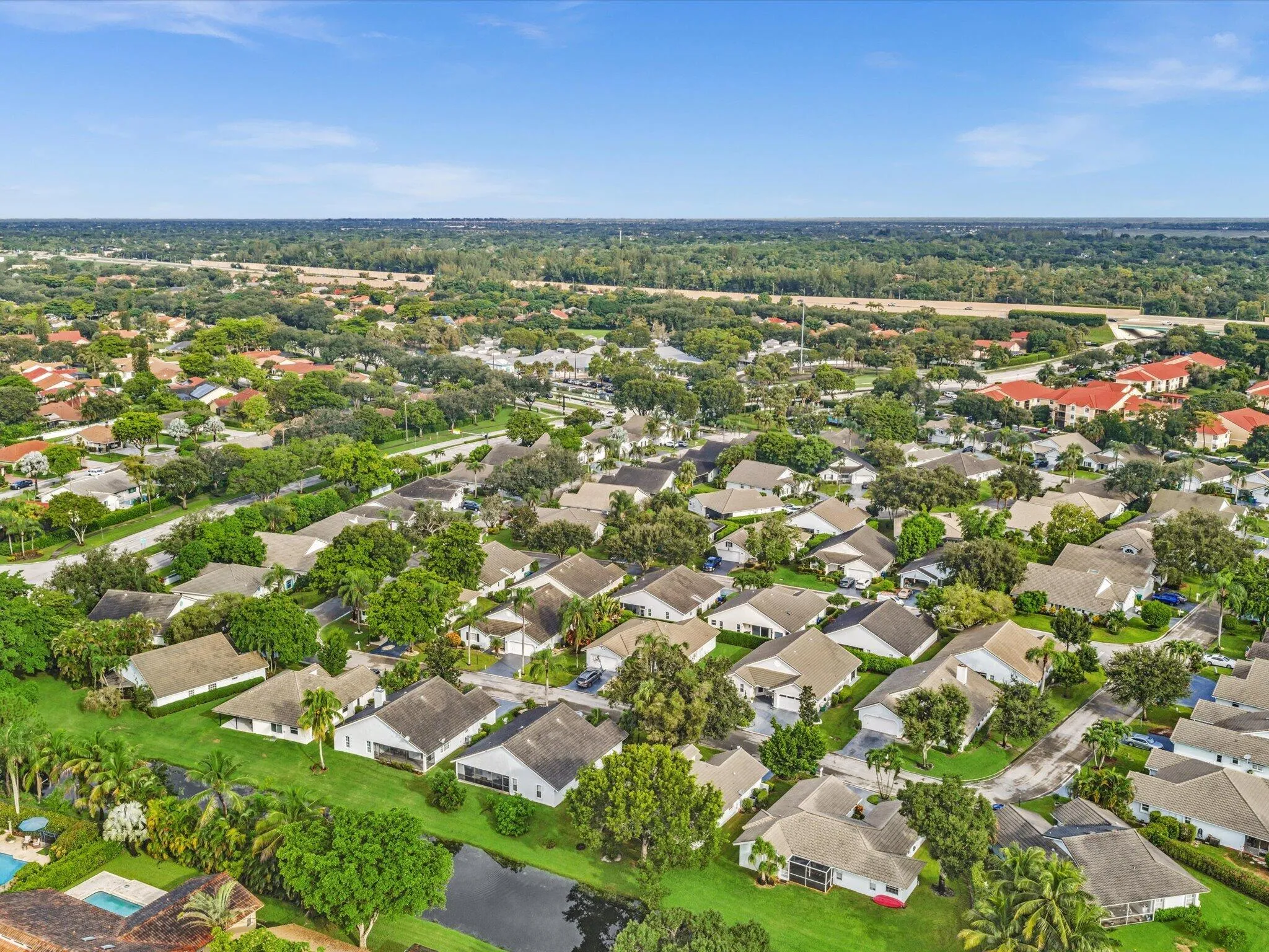 Aerial perspective of a residential neighborhood featuring single-story homes and lush green landscaping