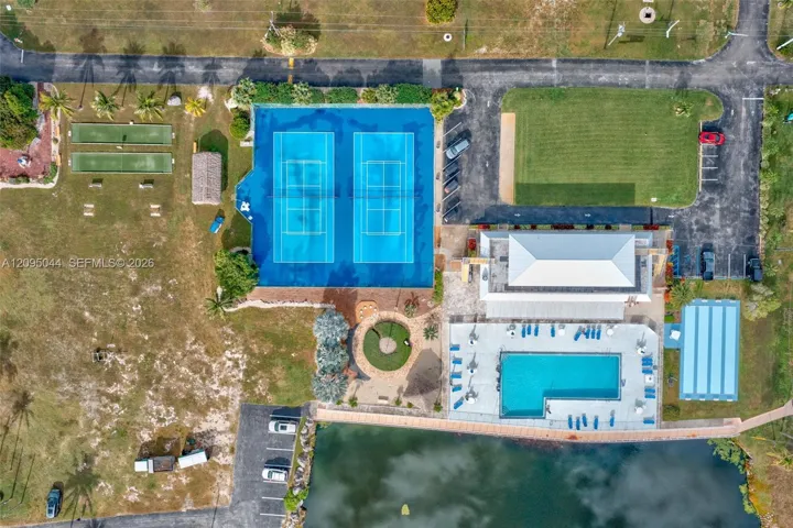 Aerial View of Clubhouse Pool, Tennis, pickleball, shuffleboard courts