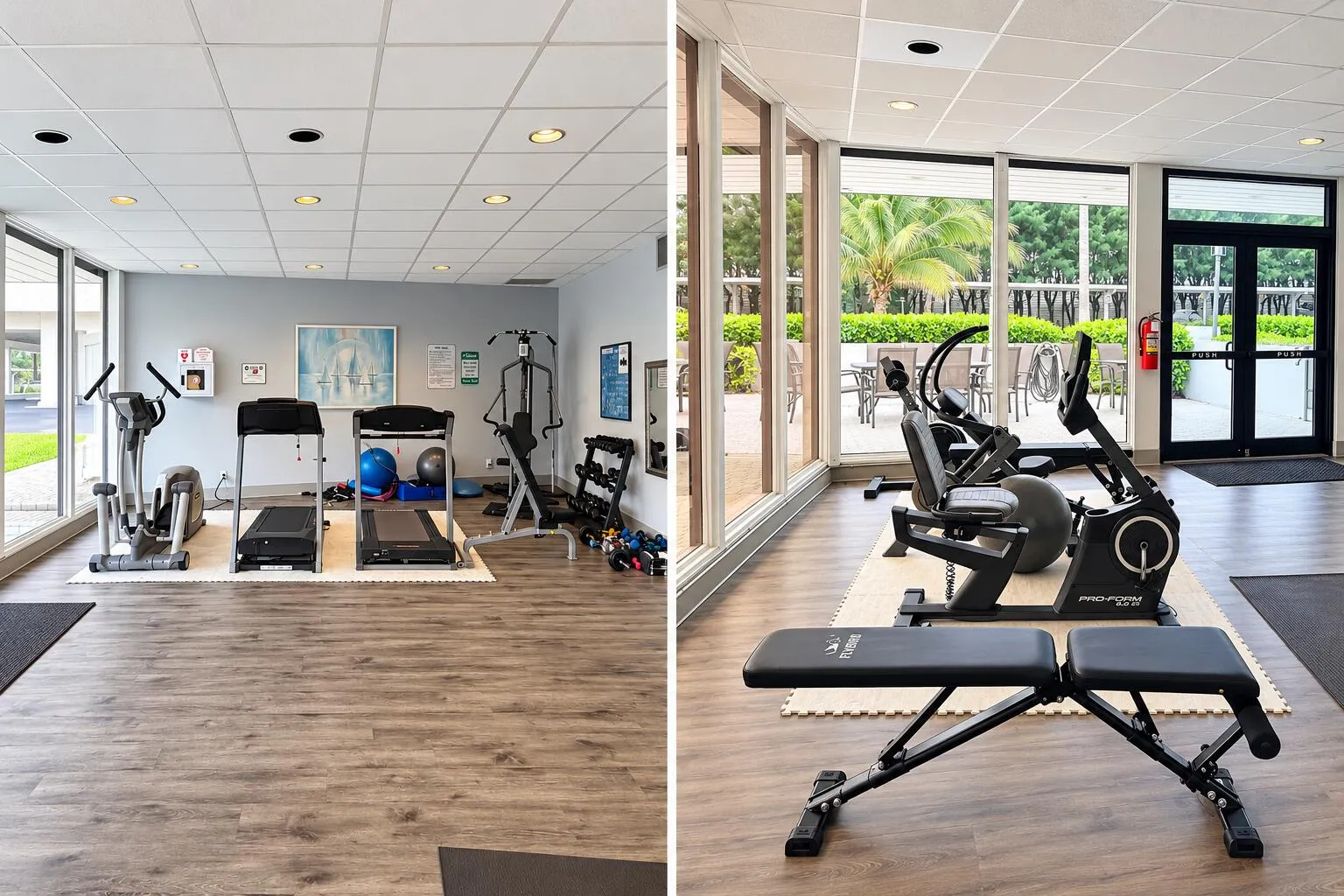 Fitness center with full weights set, benches, treadmill and stationary bikes plus other fitness accessories