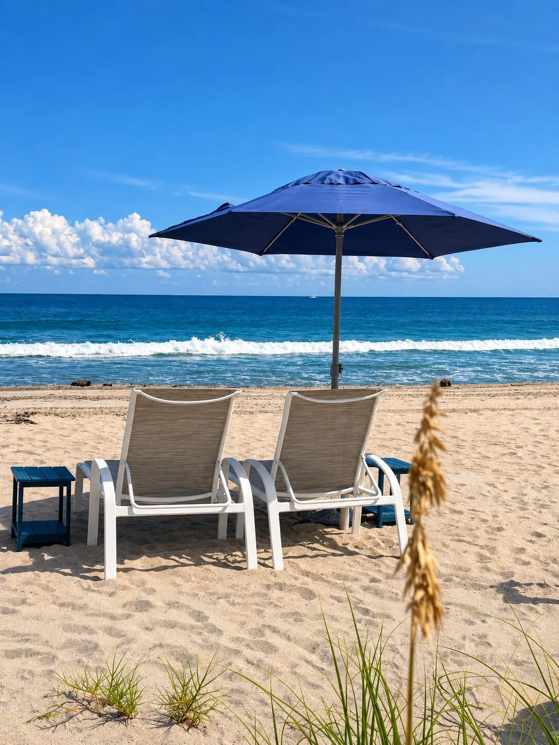 Comfortable beach lounge chairs and umbrellas are available at the beach for Costa Del Rey residents and their guests.