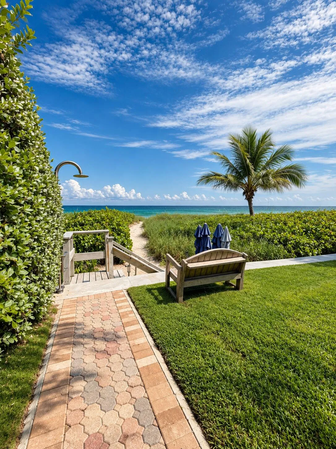 Walkway from the building to the sand. Shower and foot wash located by the steps to/from the sand.