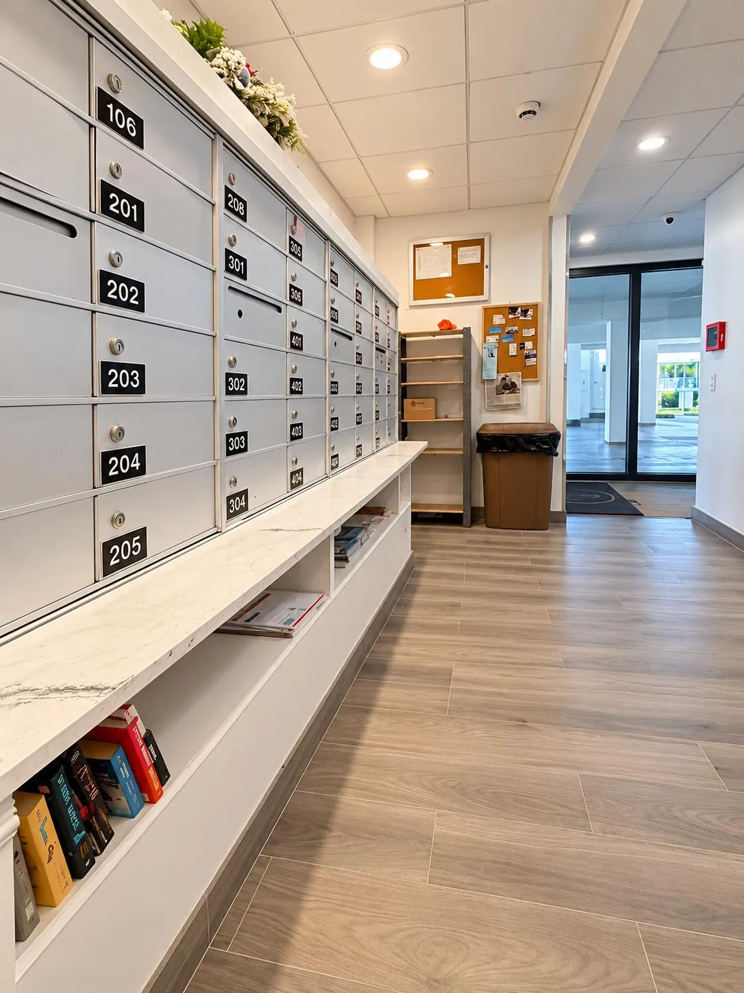 Mailroom is located in the lobby area, next to the elevators