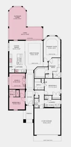 Floor Plan - Additional Highlights Include: Gourmet kitchen, study in place of formal dining, bedroom and full bathroom in place of flex, covered outdoor living, tray ceiling package, 10' ceilings, pocket sliding door at great room, and 8' interior doors