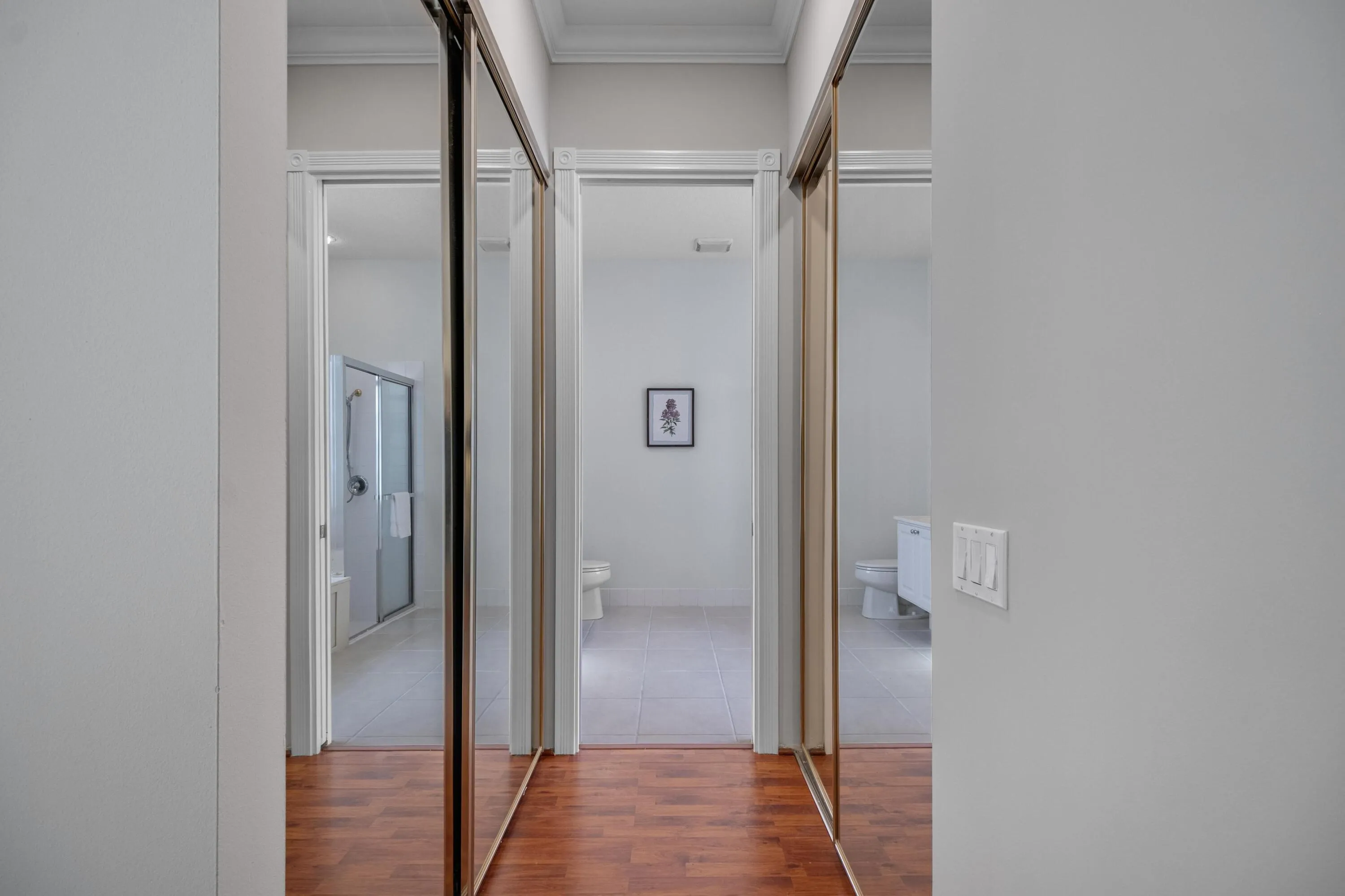 Passage to the primary bathroom, flanked by mirrored primary closets