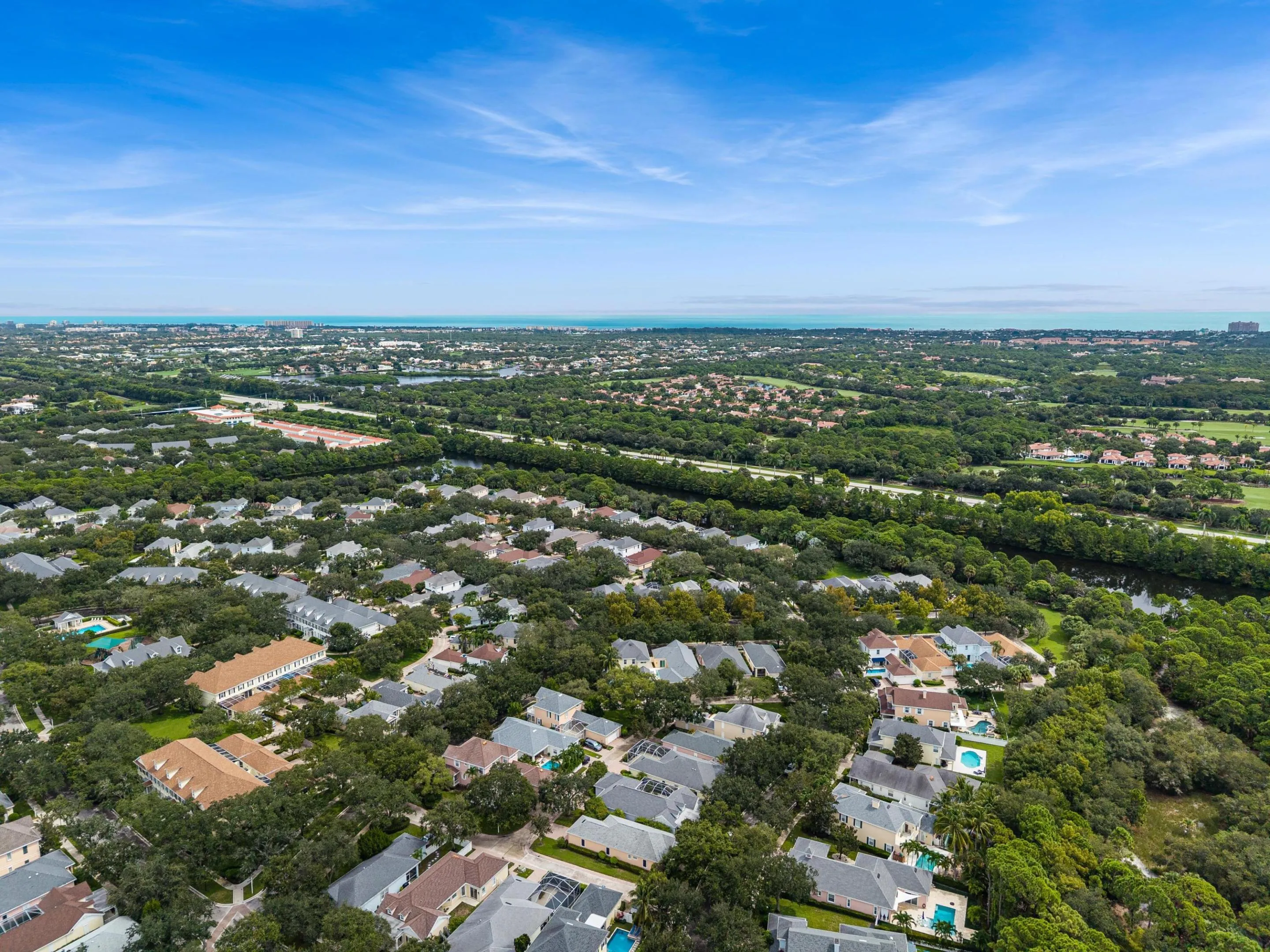 Elevated view across the neighborhood's tree canopy toward the Atlantic Ocean
