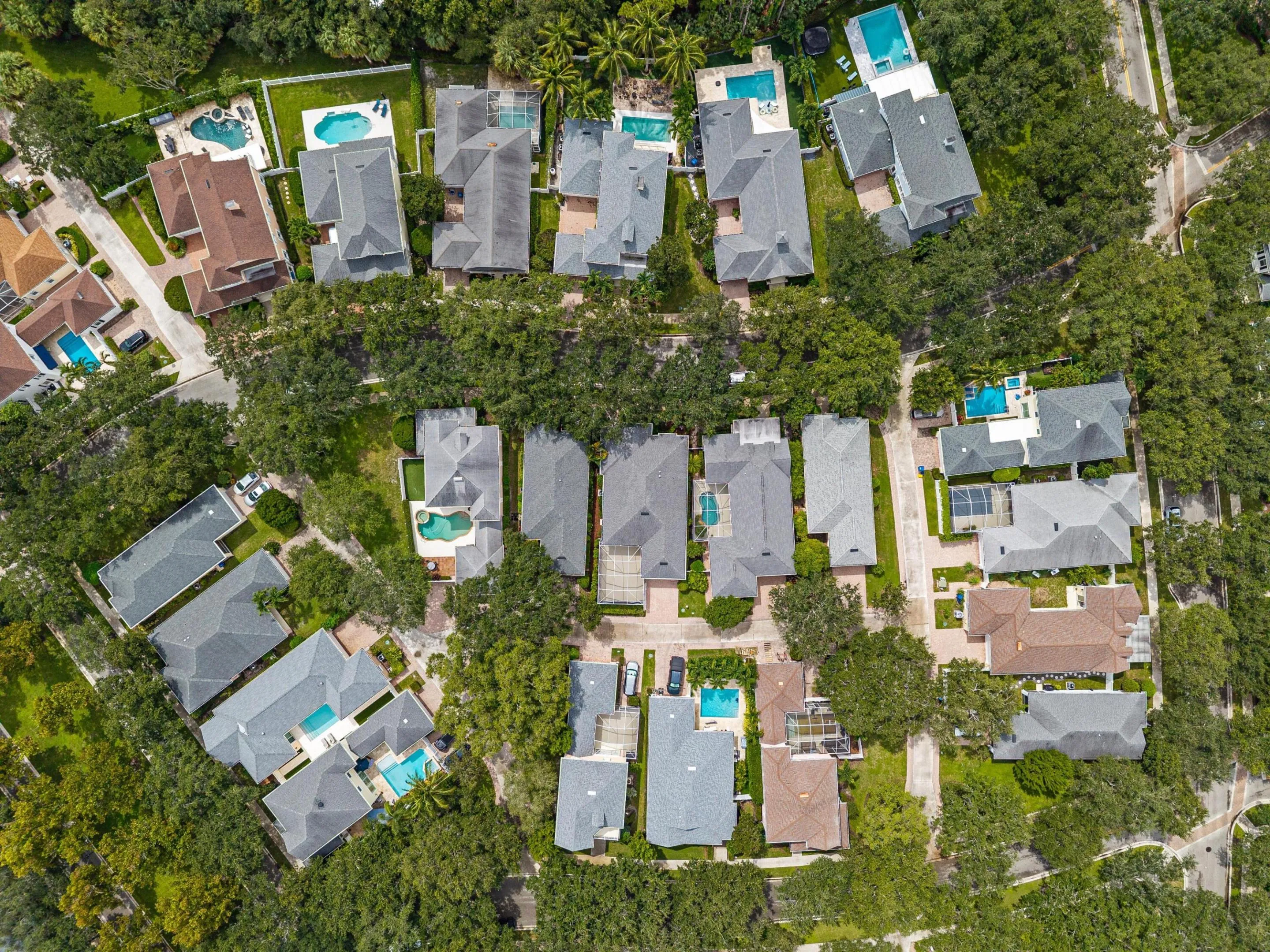 Overhead aerial of the residence and its tree-lined neighborhood