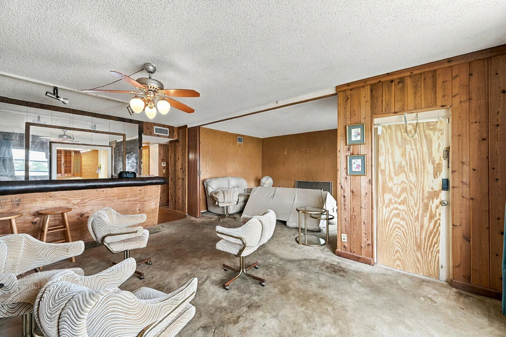 Ceiling Fan, Wood Wall, Textured Ceiling