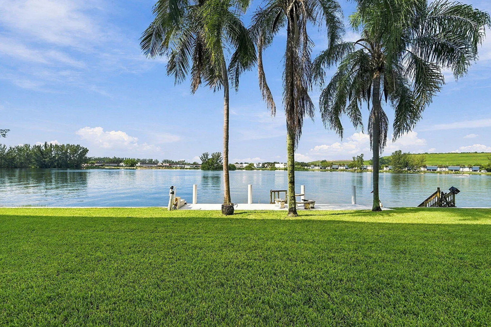 Manicured lawn with mature palm trees, private dock structure, and waterfront access