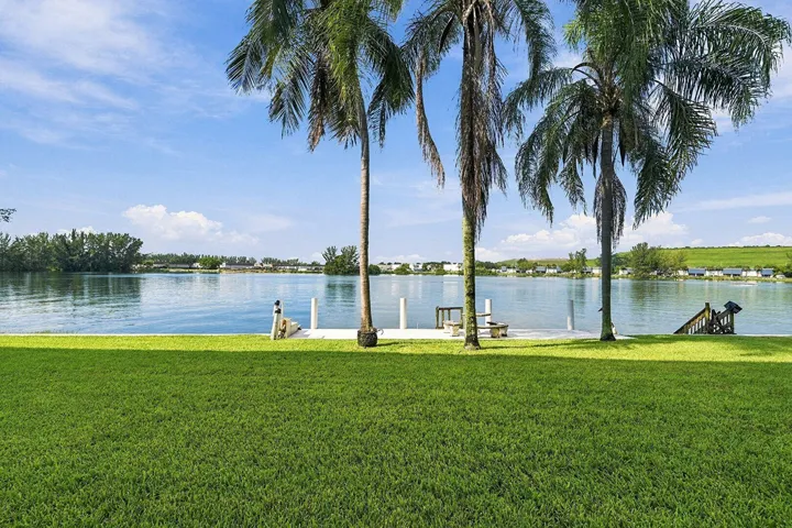 Manicured lawn with mature palm trees, private dock structure, and waterfront access