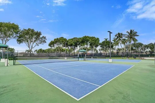 Two blue tennis courts with green perimeter surfacing, surrounded by fencing, mature trees, and palm trees