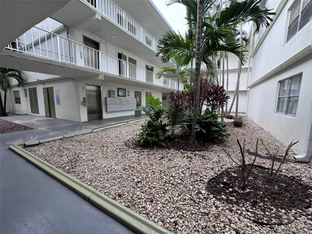 Manicured landscaping with mature palm trees, ground-level plantings, a gravel bed, and exterior walkways