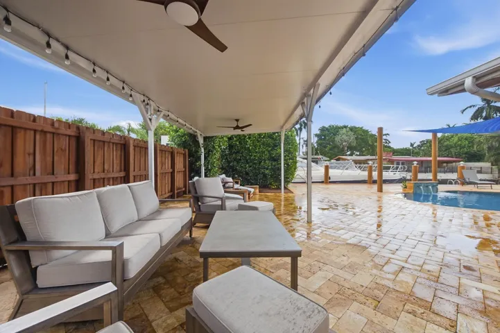 Covered patio with integrated ceiling fans, string lighting, paver patio, and a dedicated pool area
