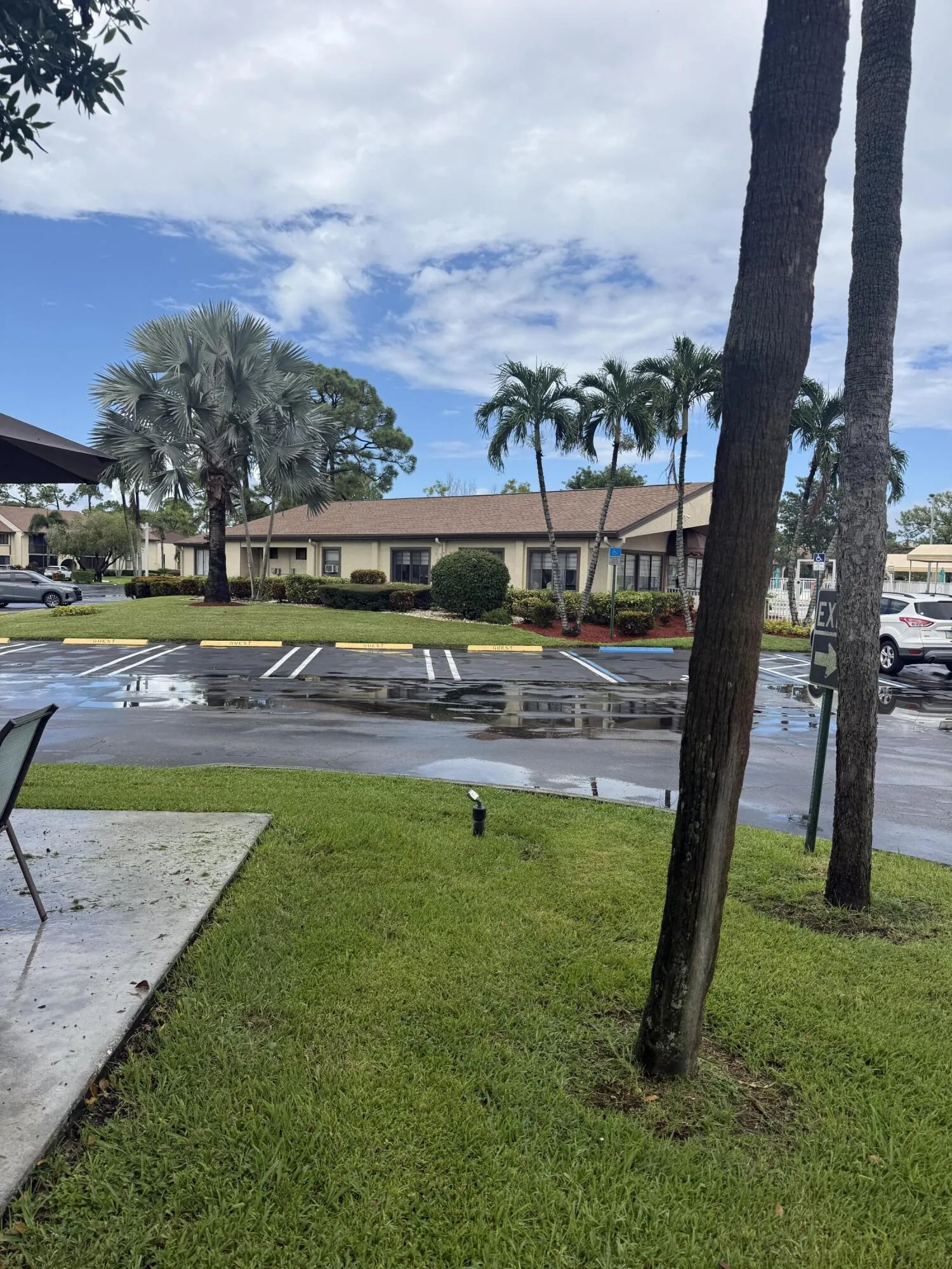 Directly across the parking lot