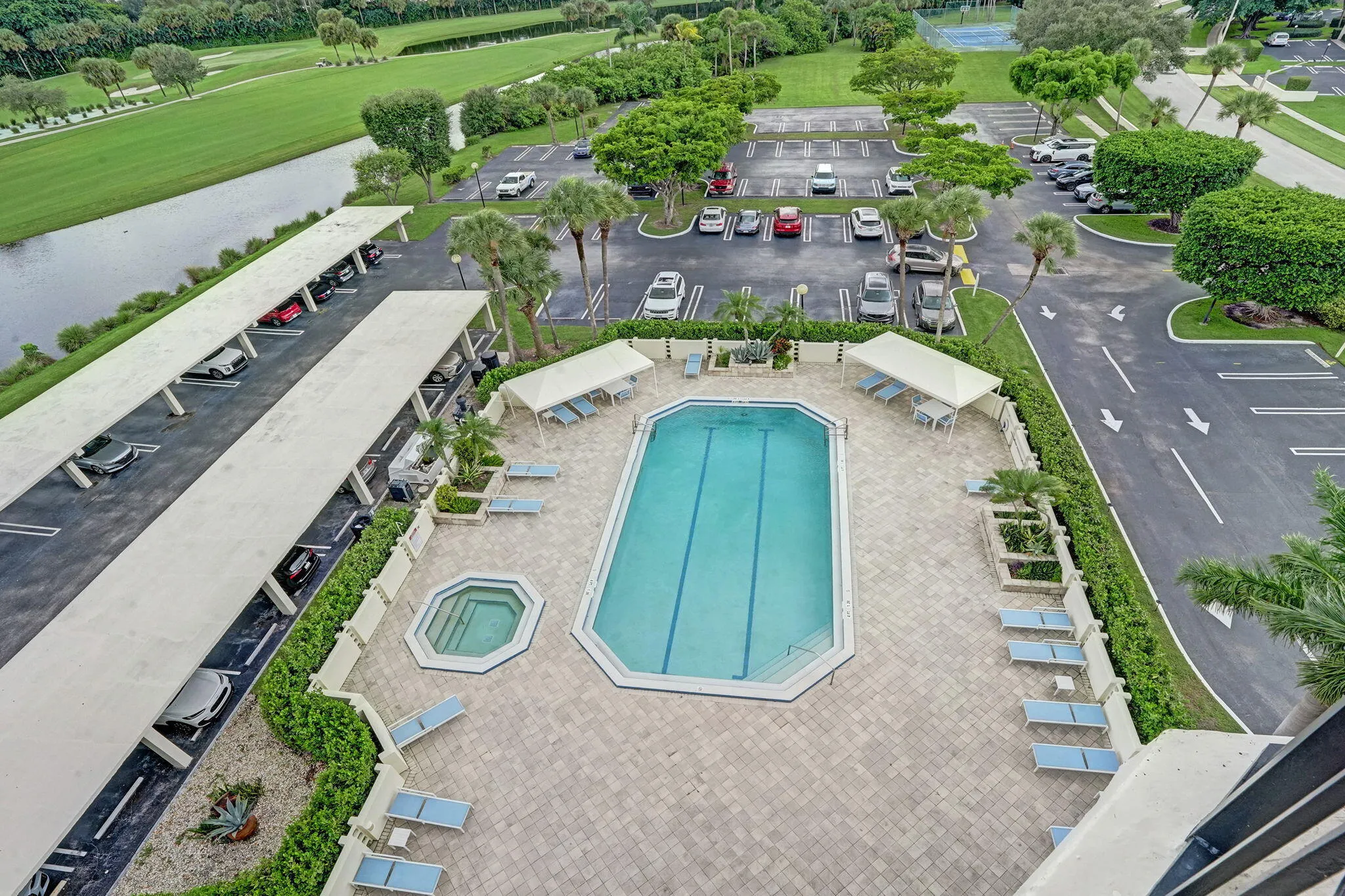 Aerial view of the pool and parking areas