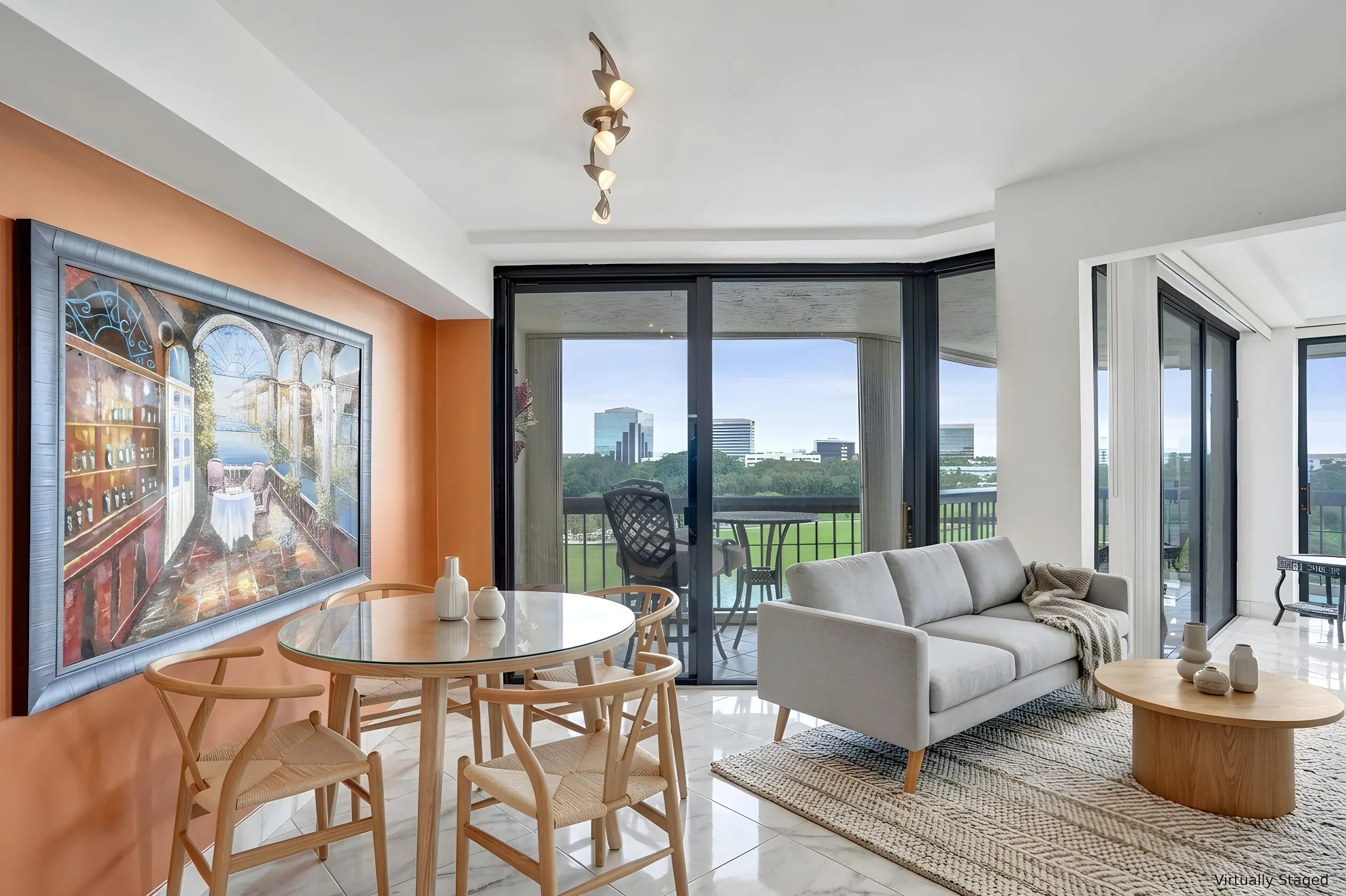 Virtually staged using AI – dining and living area