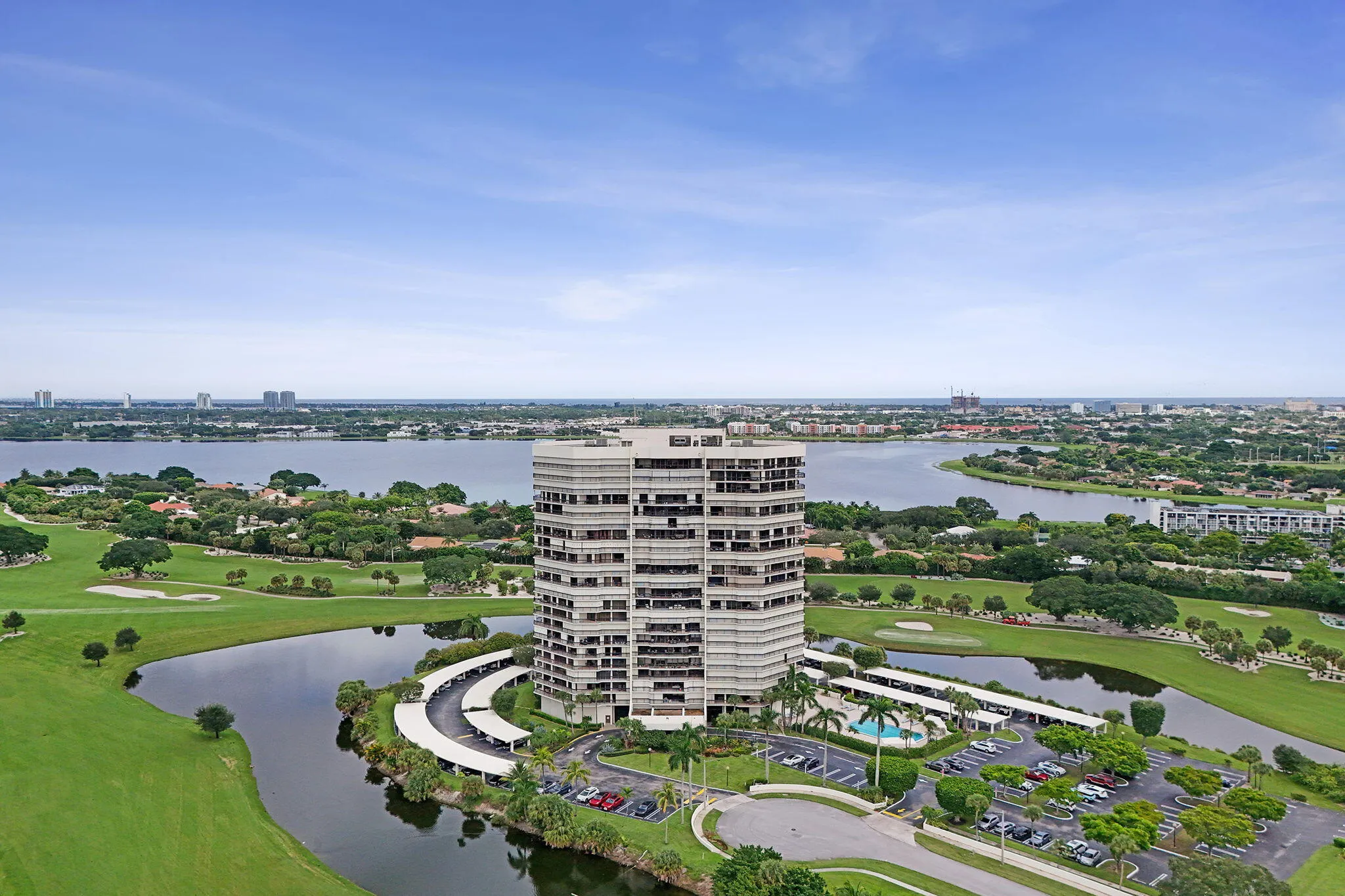 Elevated aerial view of The Consulate, lake and fairways