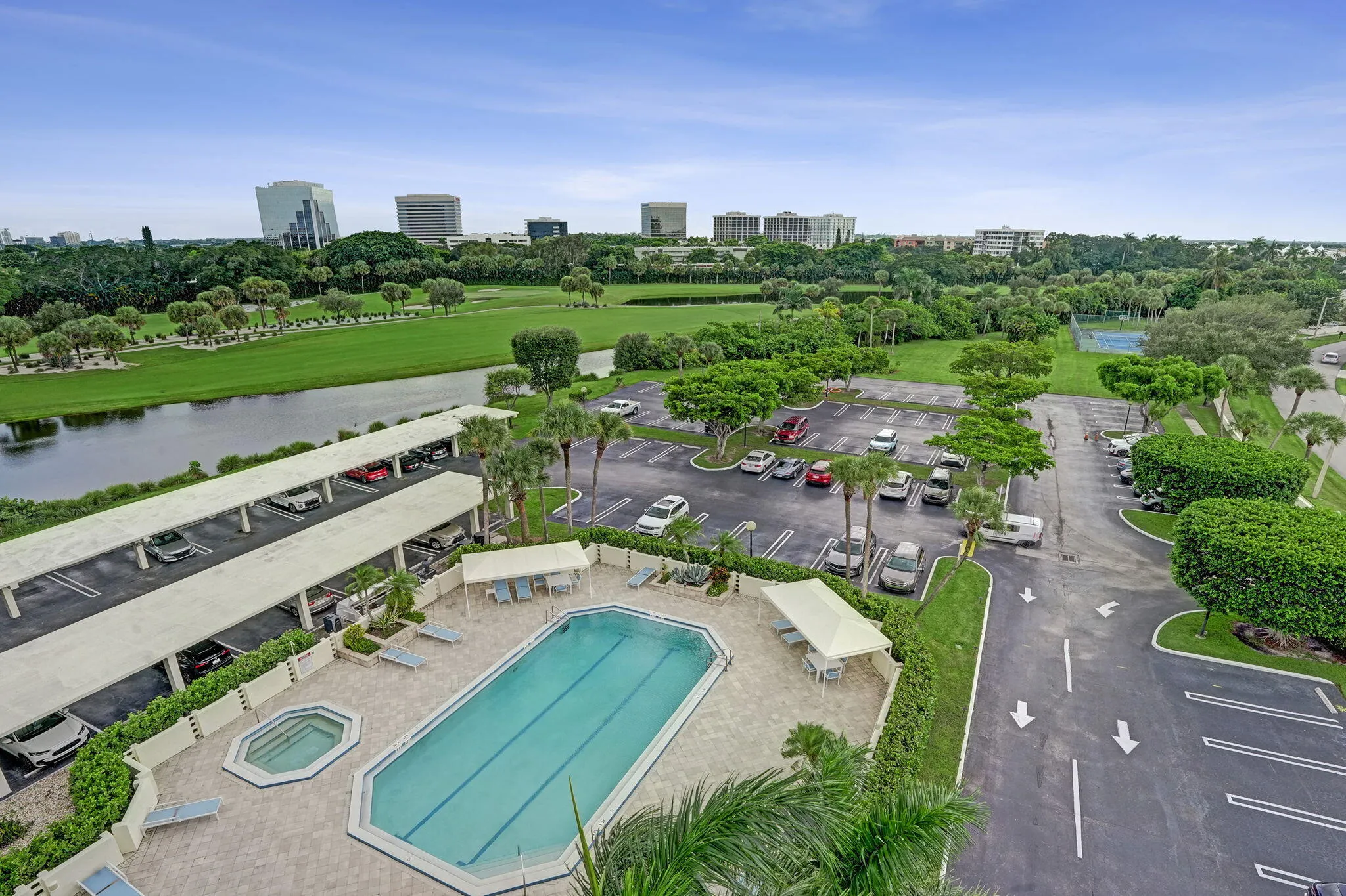 Aerial view of the pool and surrounding grounds