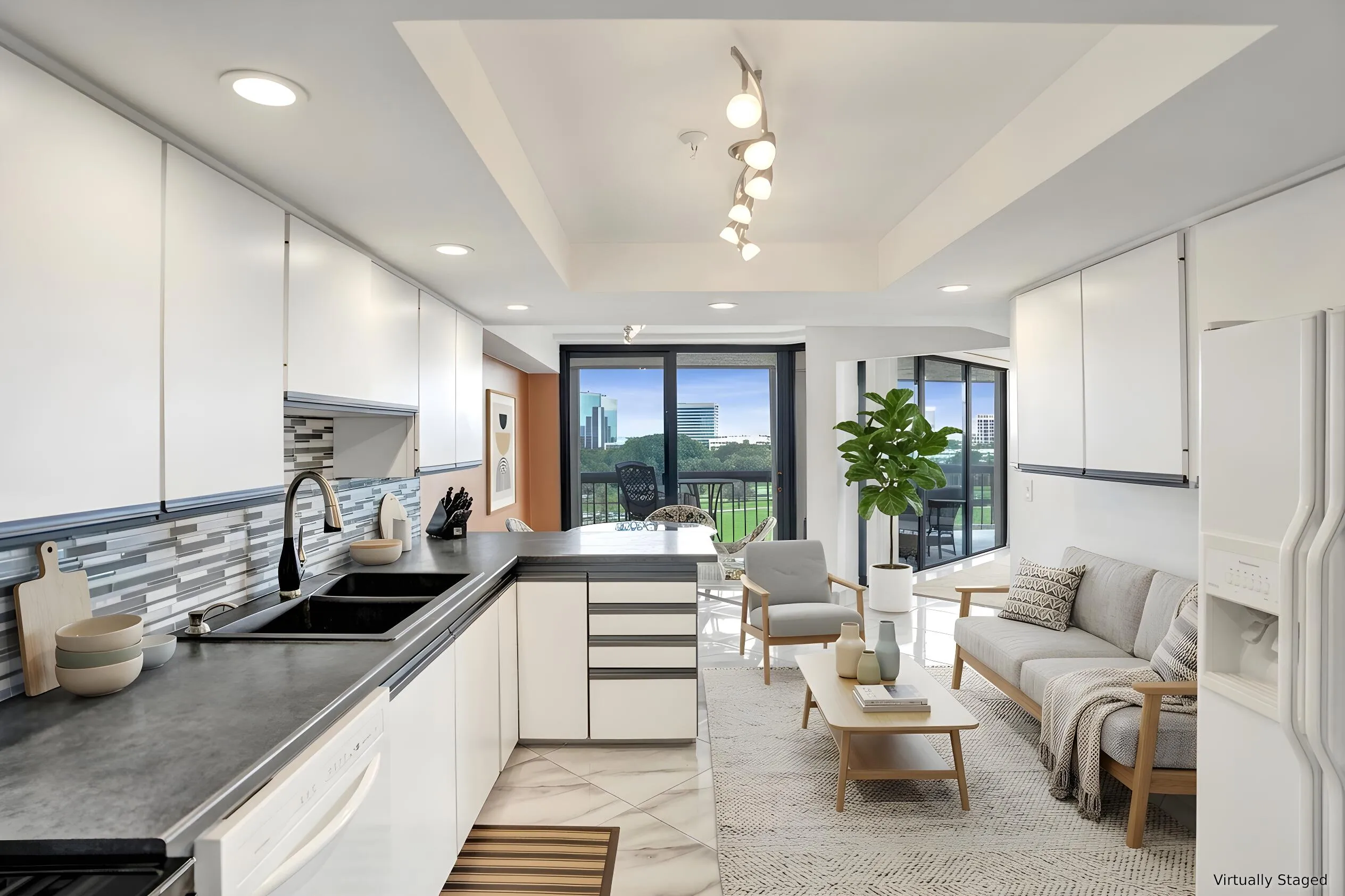 Virtually staged using AI – kitchen and living area