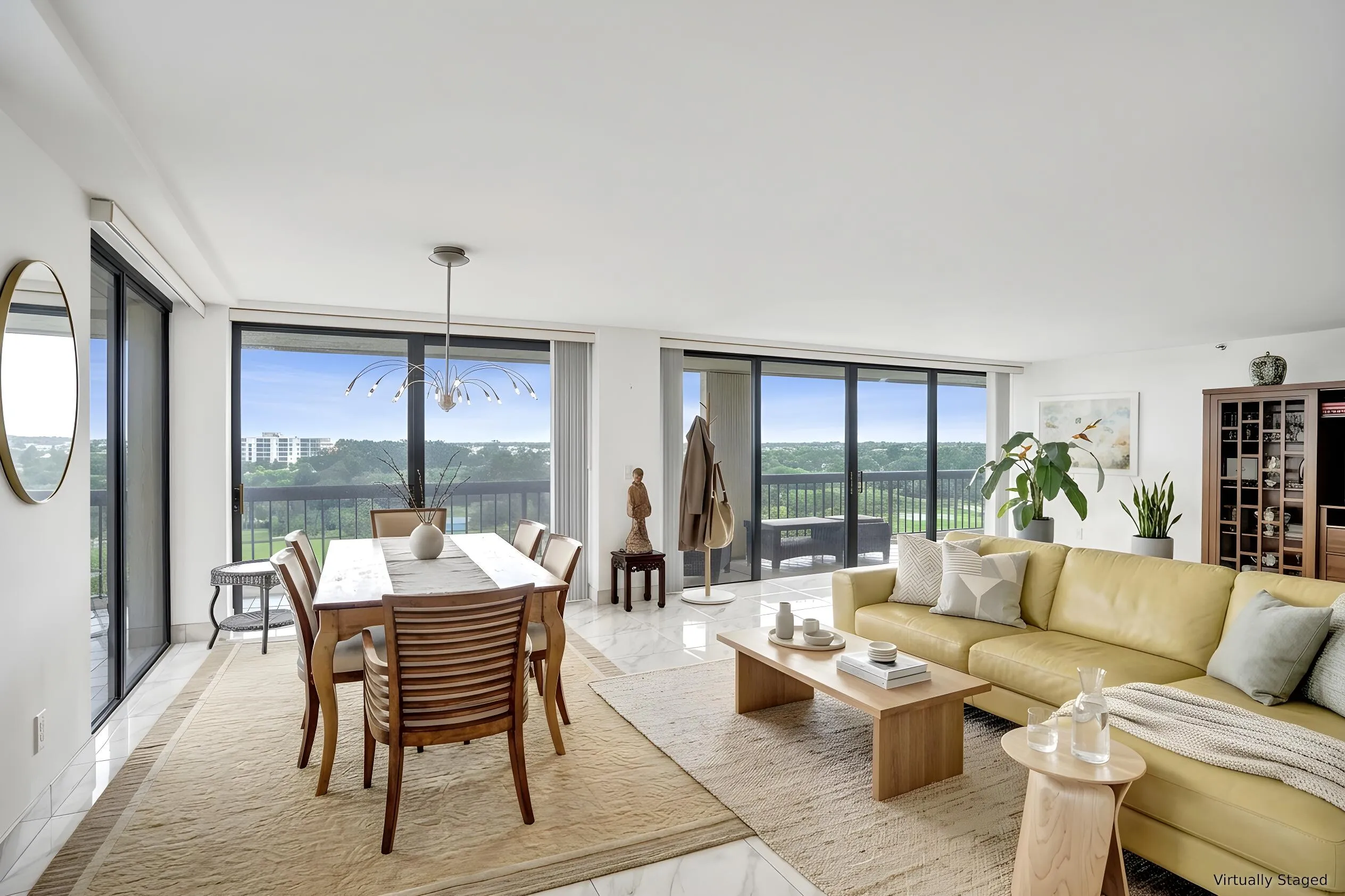 Virtually staged using AI – dining and living area