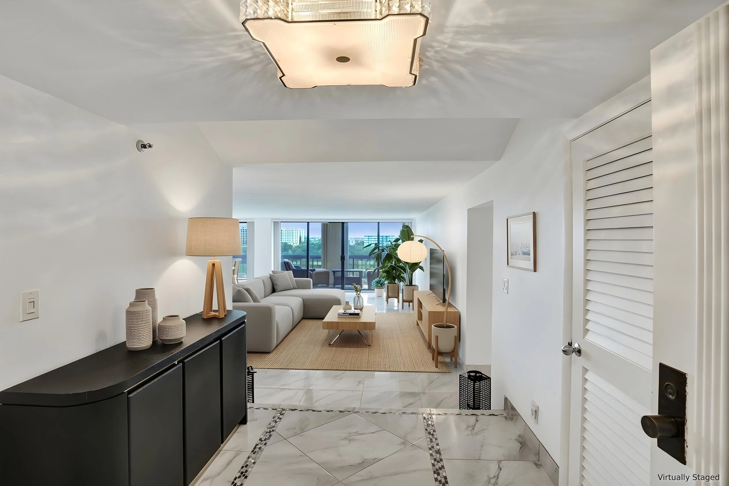 Virtually staged using AI – entry foyer and living room