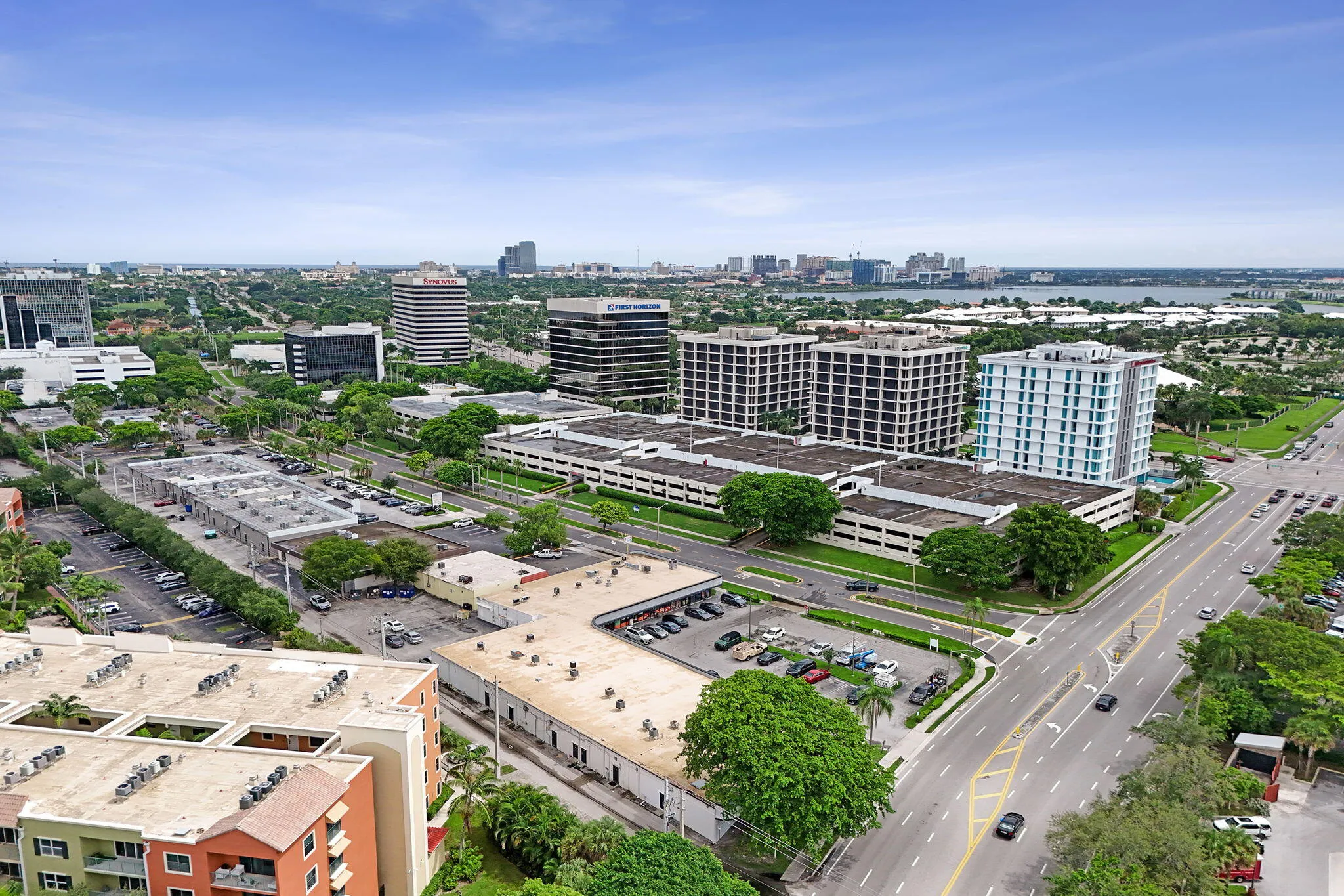 City and nearby shopping district view