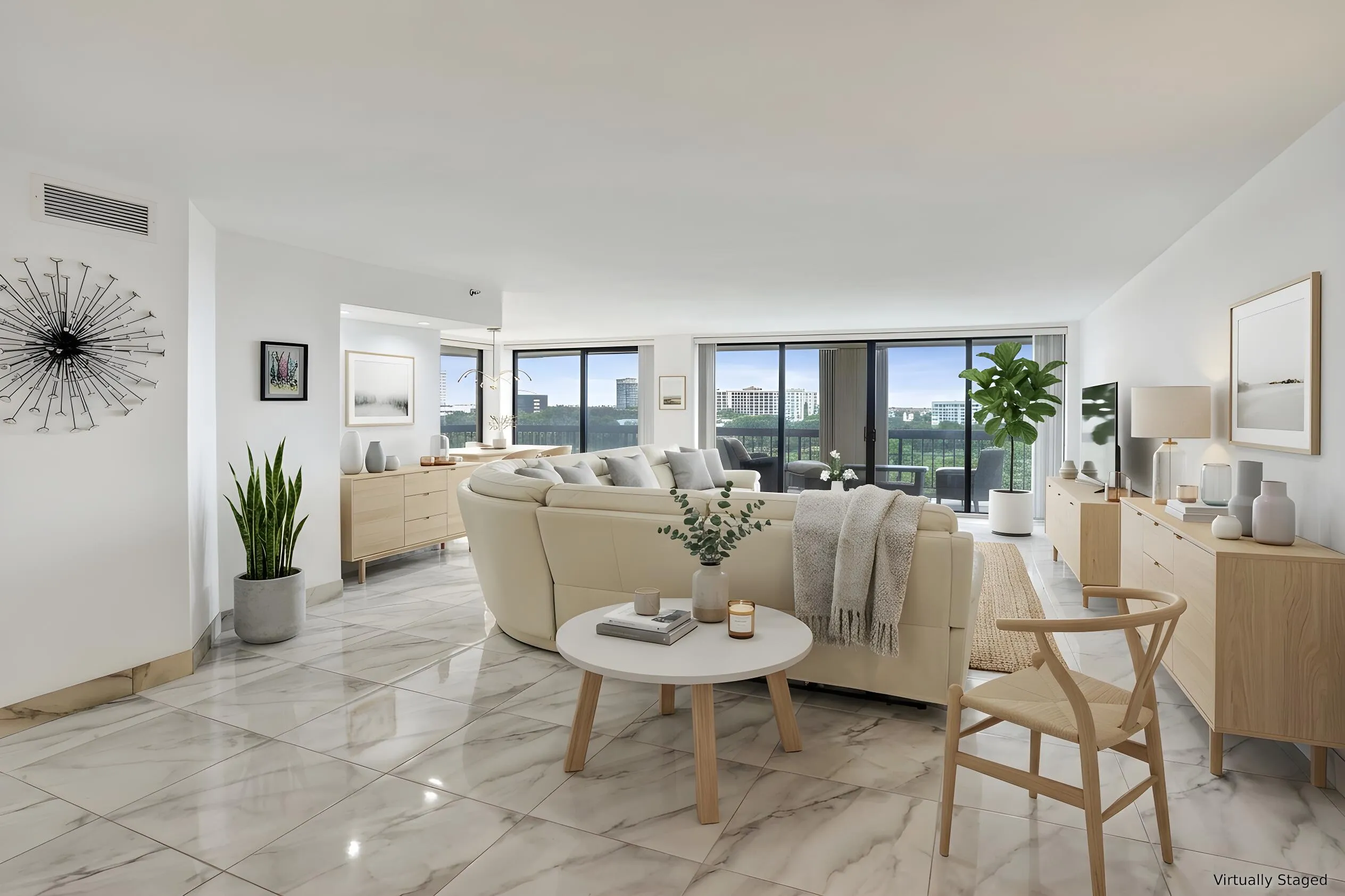 Virtually staged using AI – open living and dining area
