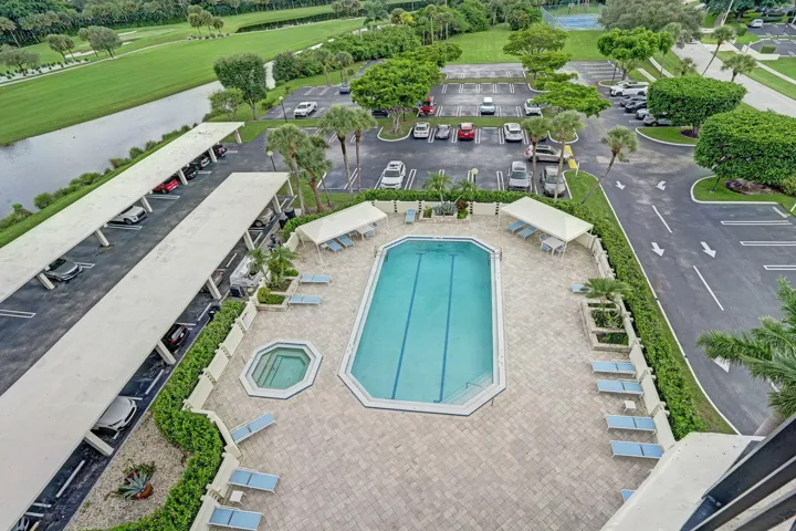 Aerial view of the pool and parking areas