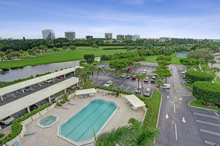 Aerial view of the pool and surrounding grounds