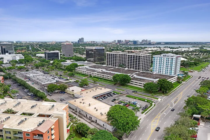 City and nearby shopping district view