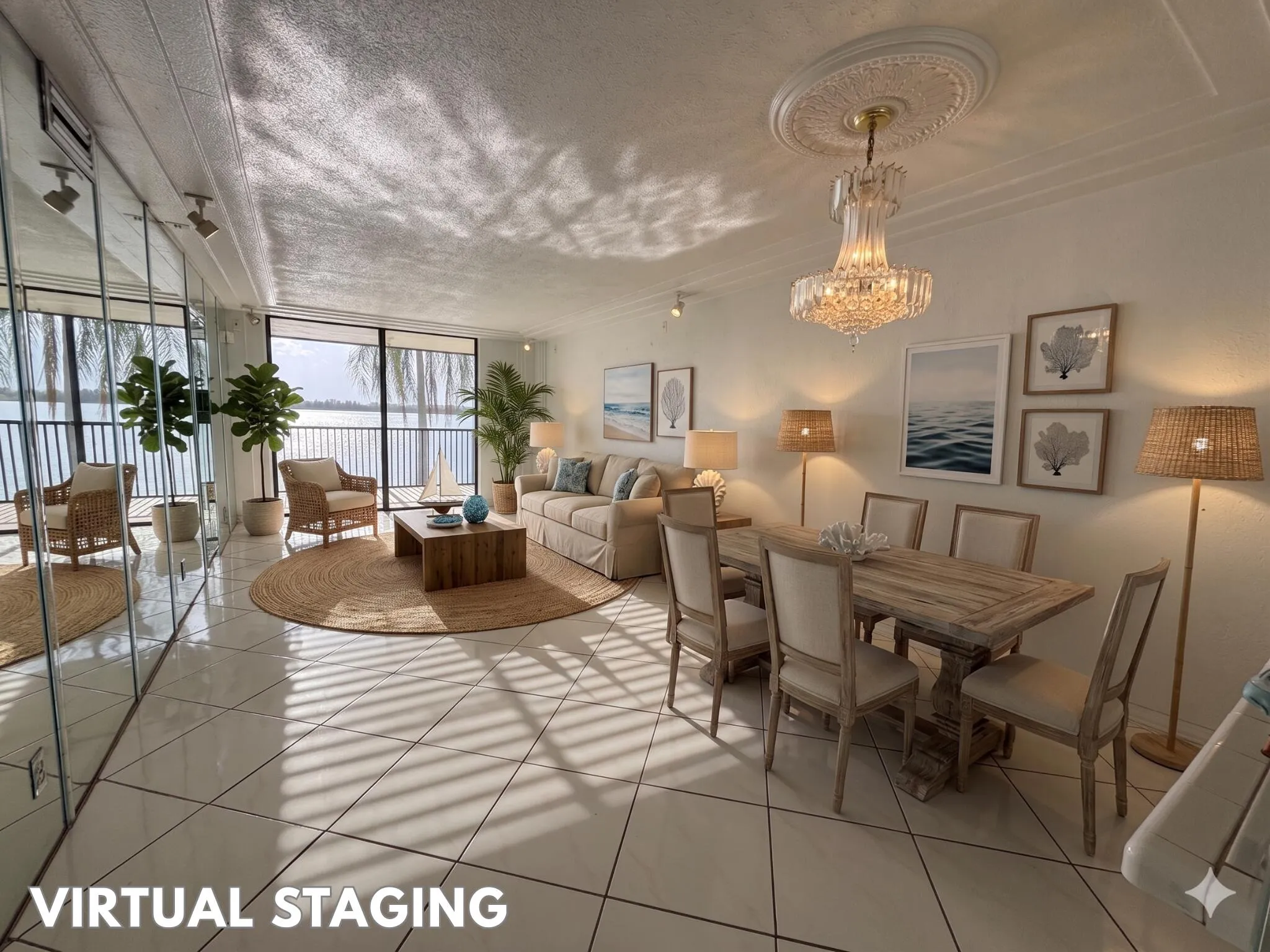 Spacious open-concept living area featuring a formal dining space, tile flooring, and large windows with water scenery