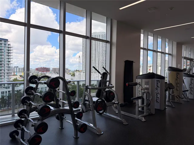 loaded gym with skyline views