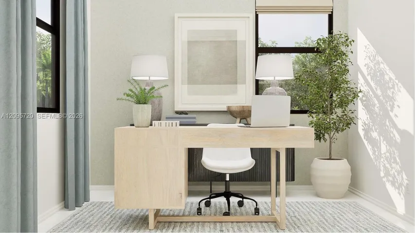 This bedroom boasts a flexible location on the first floor, perfect for a guest suite or home office, as shown here.