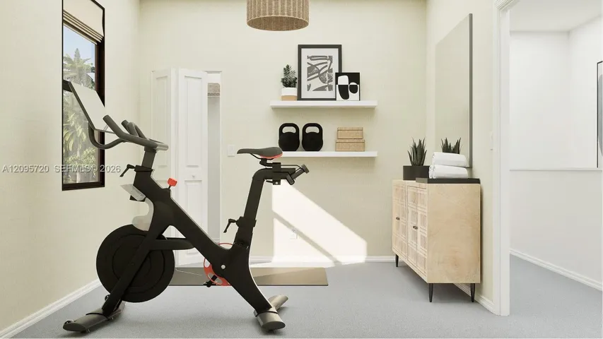 Any of the bedrooms can be used as an exercise room, as shown here.