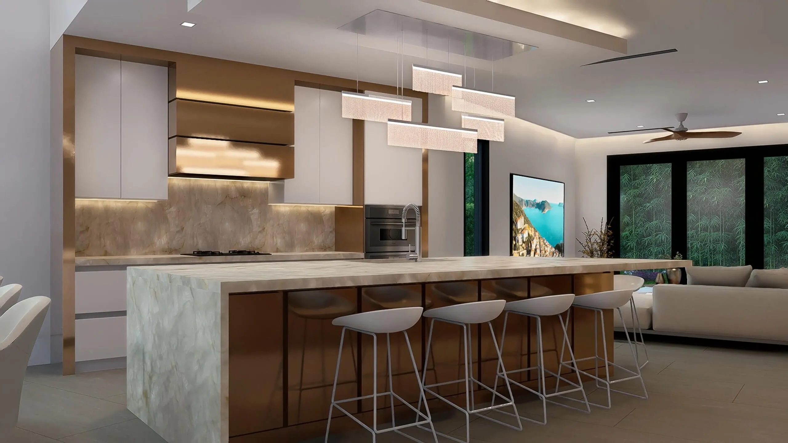 Kitchen and island