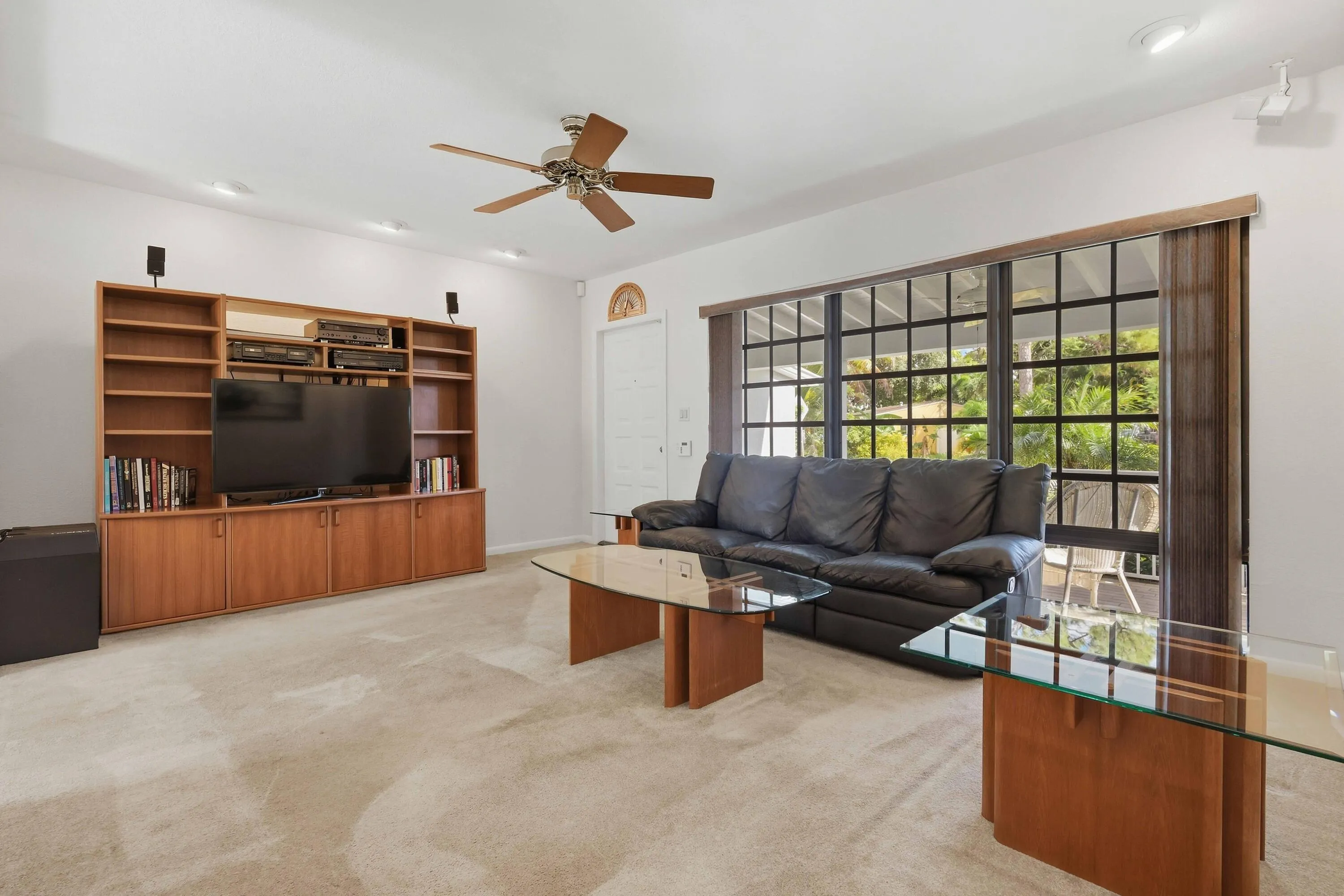 Built-in wood-finish media shelving, carpeted flooring, track lighting, ceiling fan, and large gridded windows