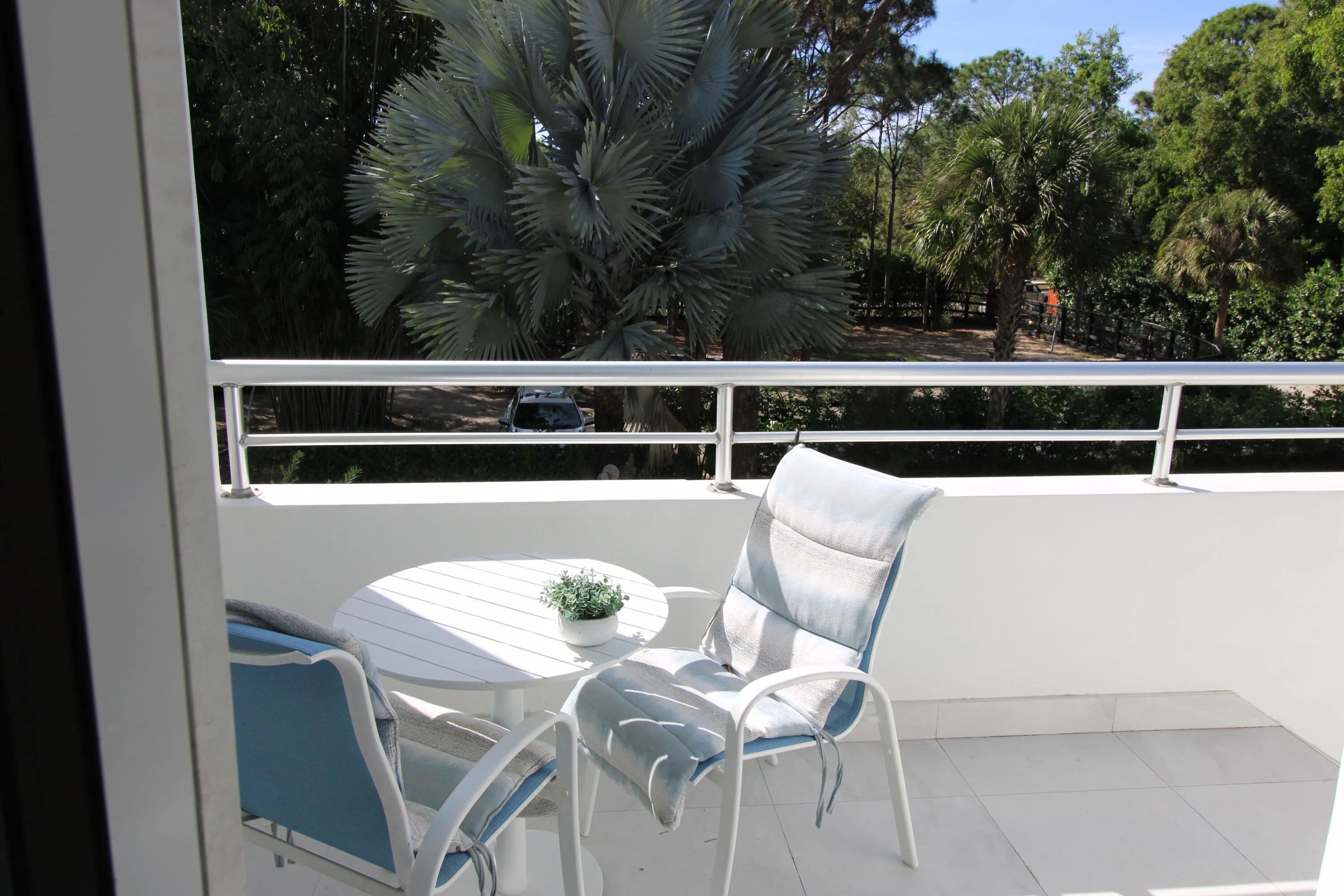 Royal Suite West balcony dining overlooking the second gate and a paddock fenced area