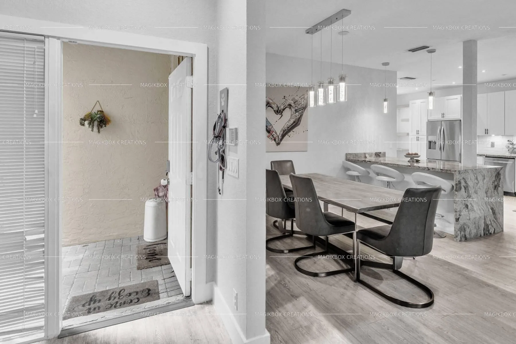 Front Door is to the left of Dining Area