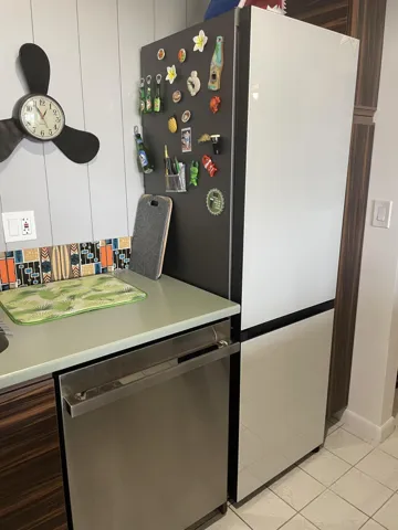 Stainless steel dishwasher, light green countertop, vertical plank wall paneling, and an integrated refrigerator