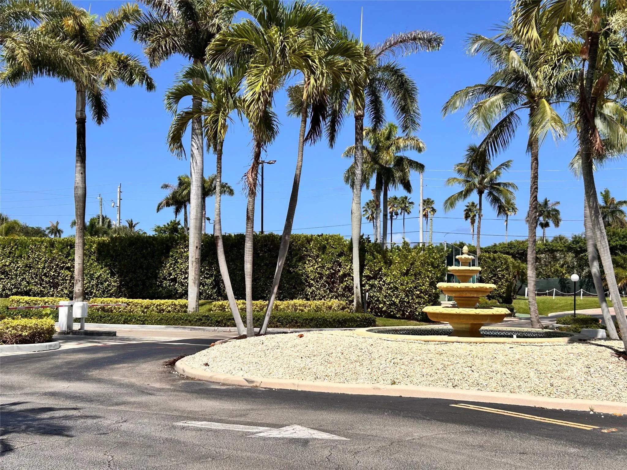 Tiered central fountain feature, mature palm trees, diverse landscaping, and paved entry