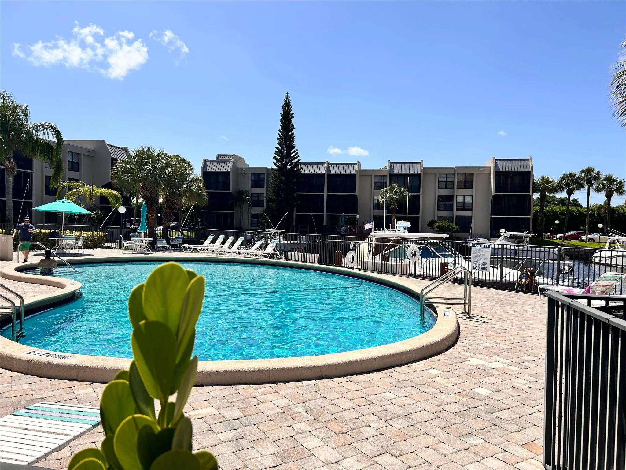 Resort-style pool with paver decking, surrounded by lounge seating and tropical landscaping
