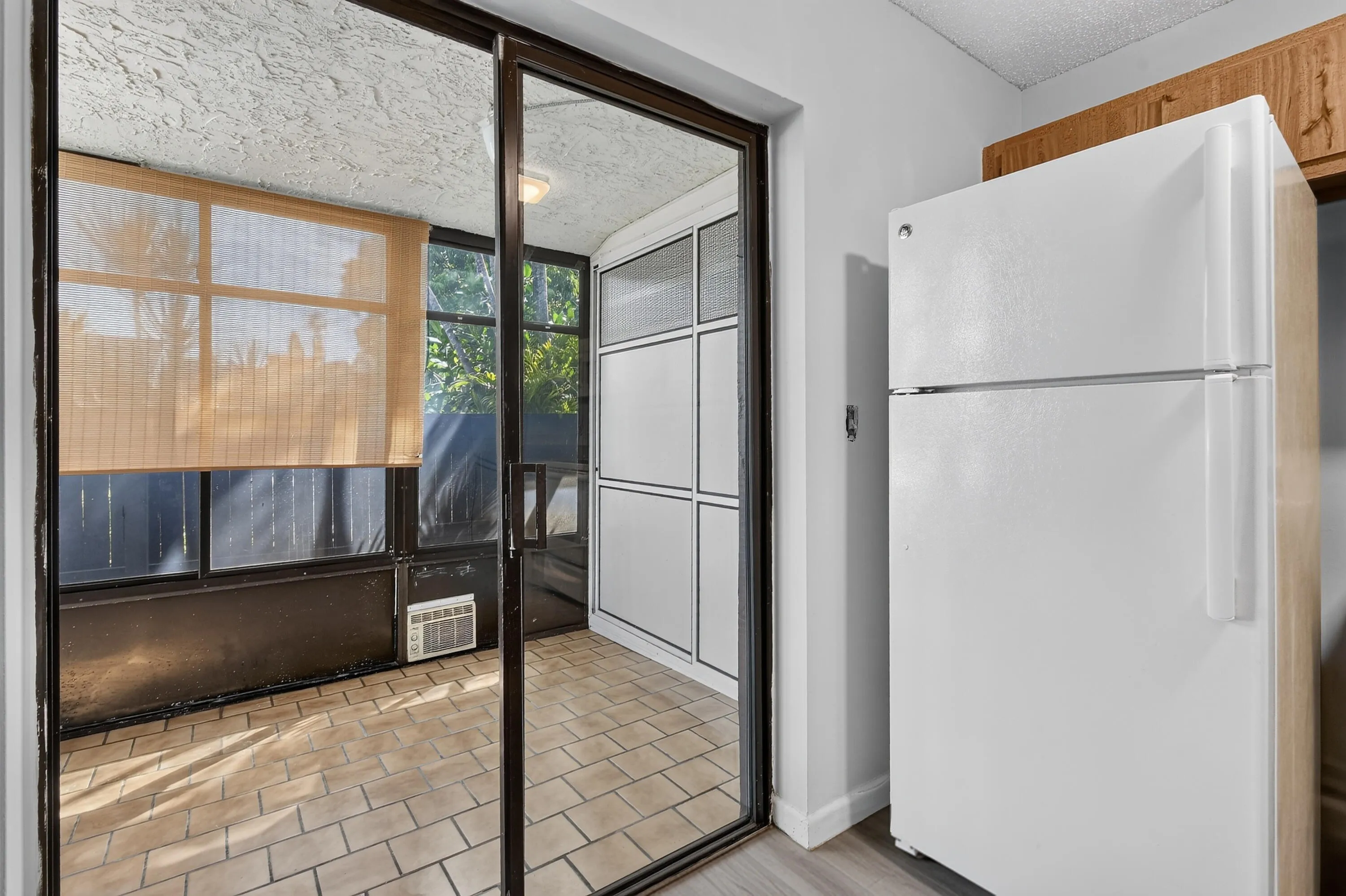 Closed patio, wall of storage closet.