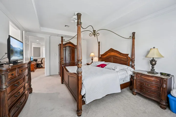 Plush carpet flooring, tray ceiling, crown molding, and recessed lighting