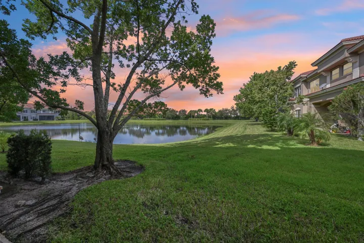 Expansive green space with mature trees and waterfront access